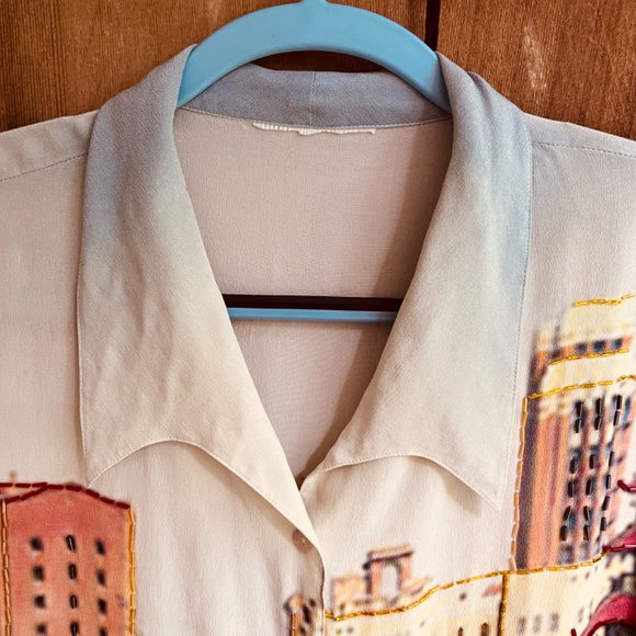 Vintage Printed San Fransisco Trolley Car Silk Gray Ivory Beaded Blouse Shirt L - Picture 8 of 15
